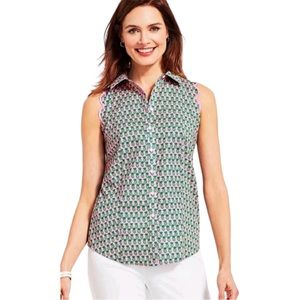 Talbots Women's pink pineapple print sleeveless button down top, Sz 12P